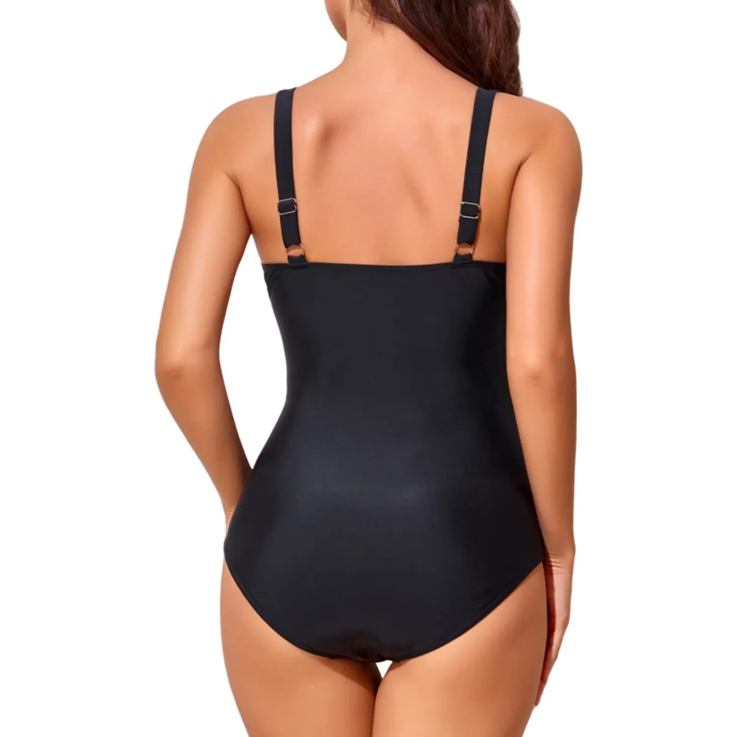 Women's deep V-neck cross-front pleated one-piece swimsuit in solid colour