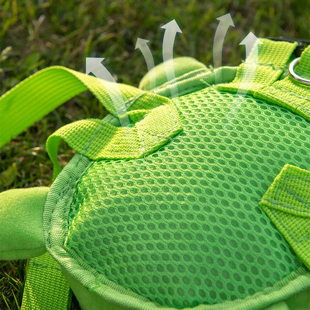 Turtle-shaped dog backpack harness in green colour with metal zipper