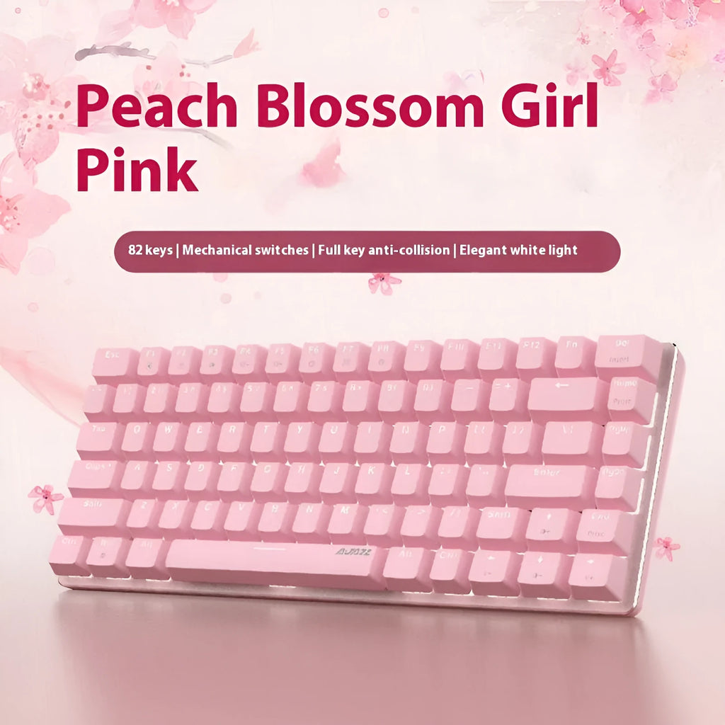 Pink-themed 82-key mechanical keyboard with white backlight on a metal chassis