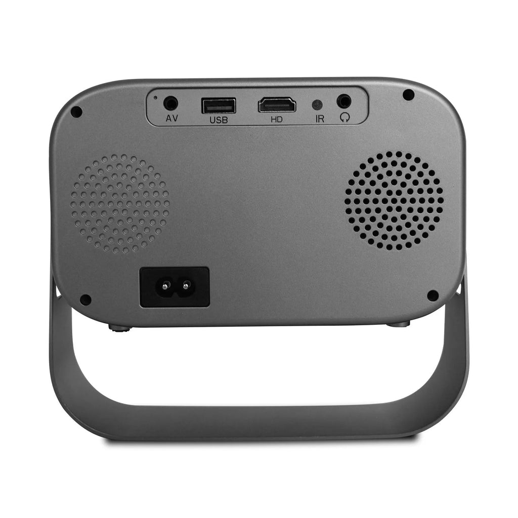 Black portable HD projector with remote control for home office use