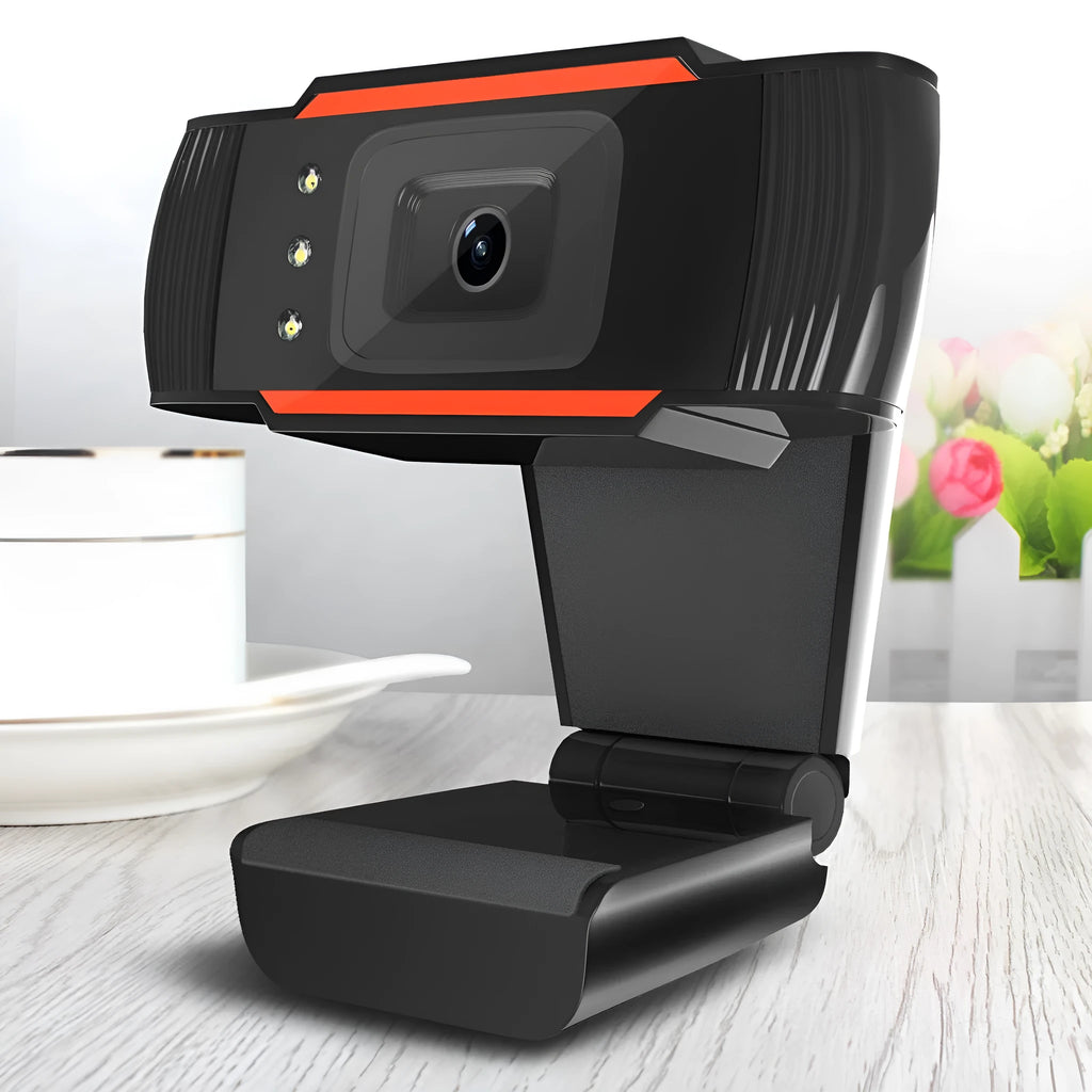 USB LED fill light webcam in black with adjustable brightness, compact desktop camera