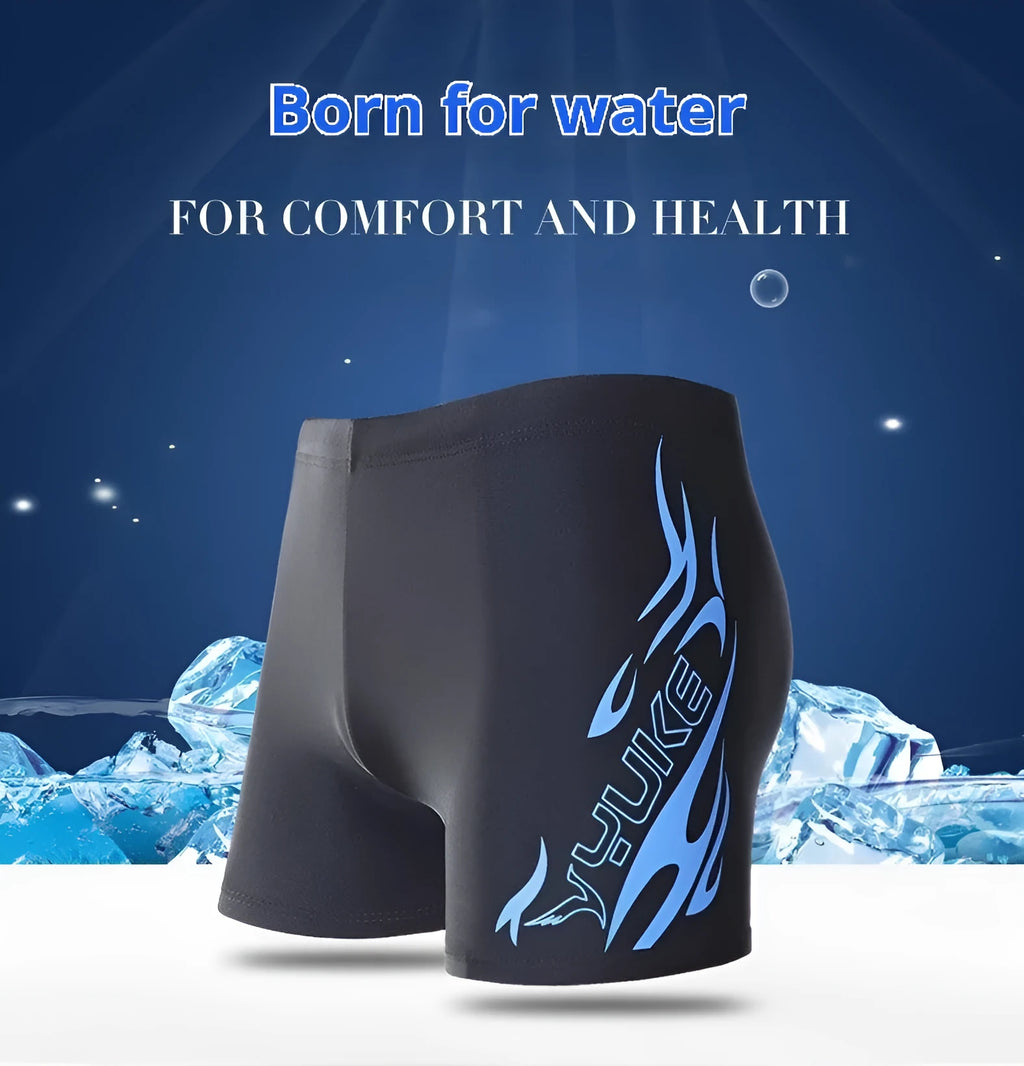 Men's plus size swimming trunks with fire pattern design and matching swimming cap