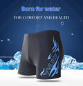 Men's plus size swimming trunks with fire pattern design and matching swimming cap