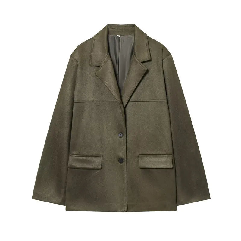 Women's suede effect suit jacket and shorts set in solid colour, long sleeve button front, sizes XS to L
