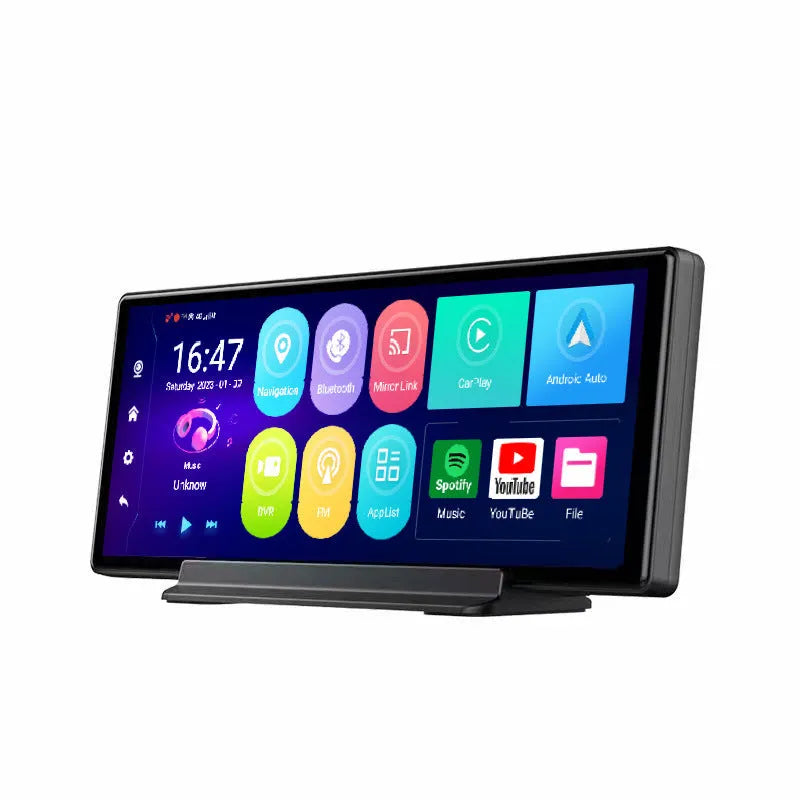 Black plastic centre console driving recorder with 170-degree wide-angle lens and touch screen interface