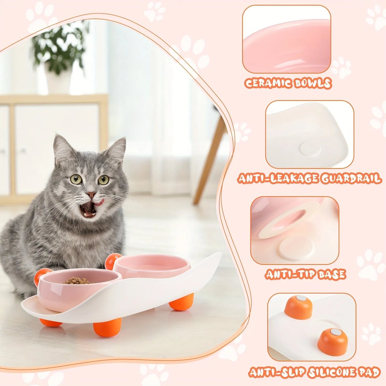 Ceramic pet feeding bowl set with two raised bowls and non-slip base in pink colour
