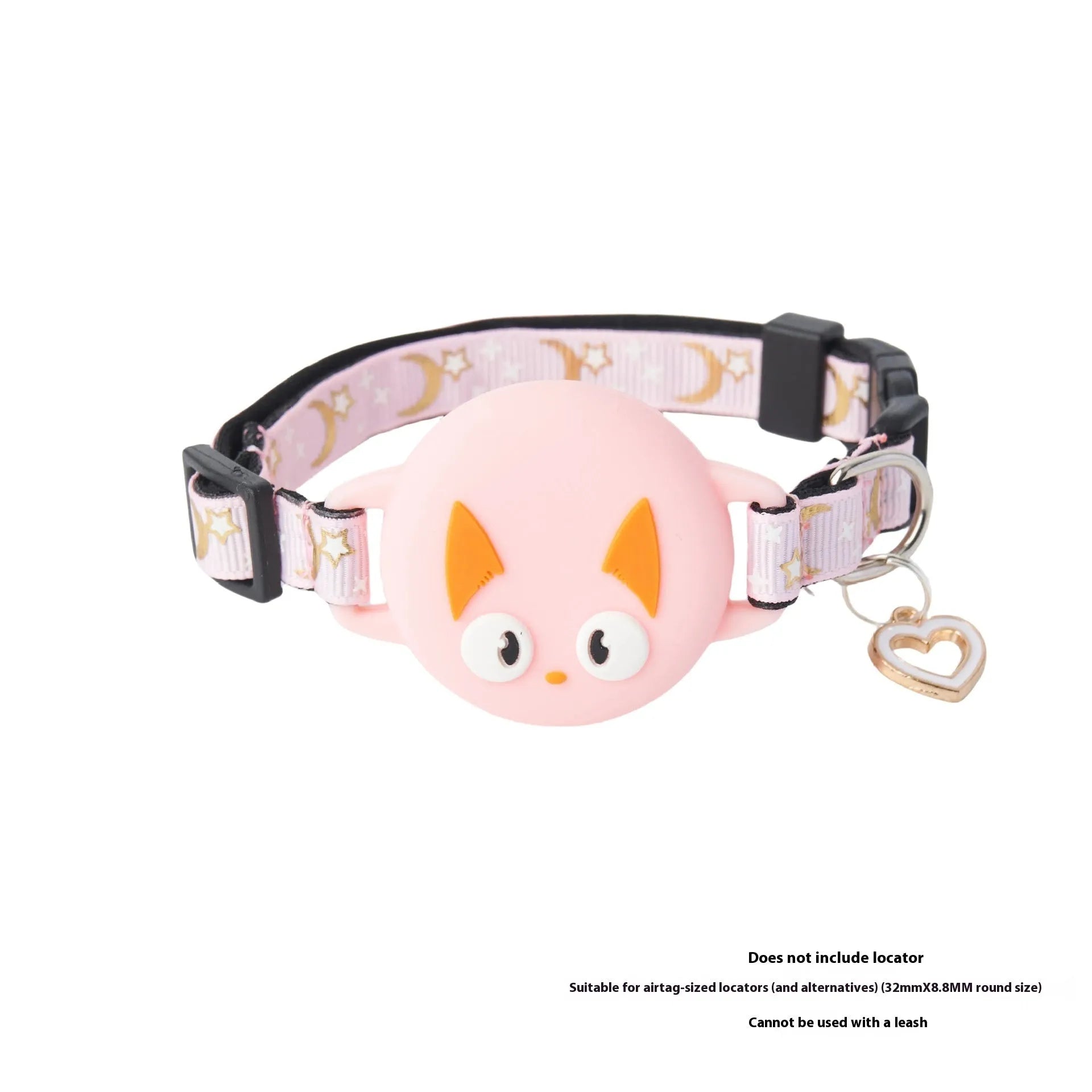 Pink plastic AirTag protective case for a cat collar, shown next to an Apple AirTag.