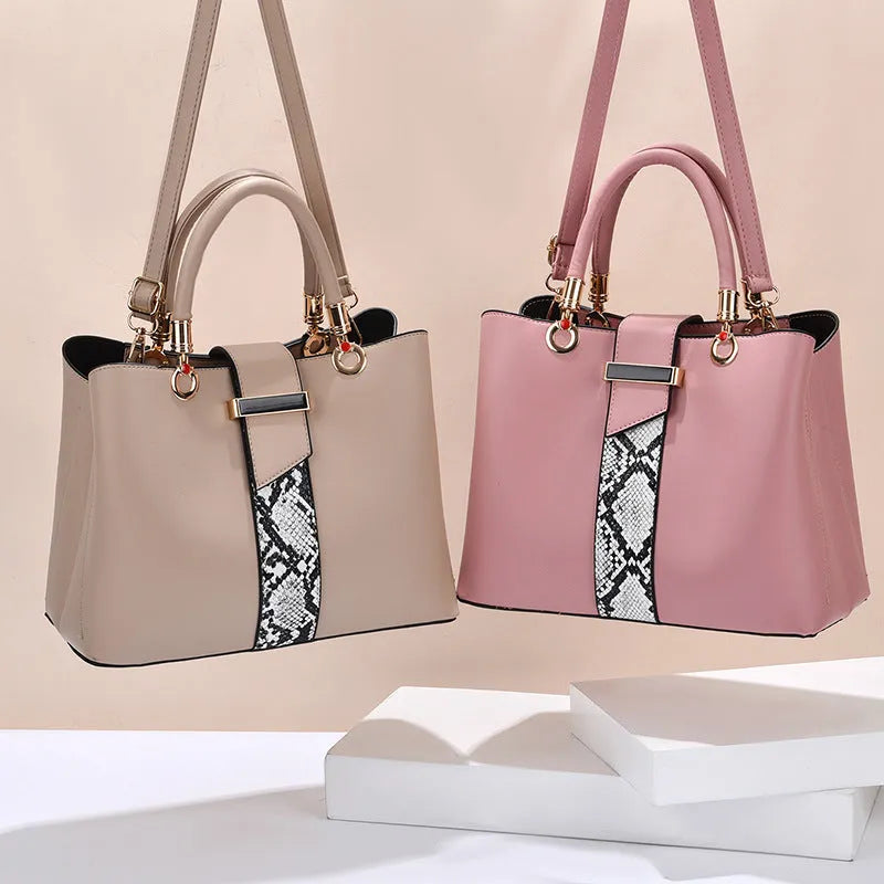 Snakeskin pattern large capacity shoulder bag in PU with zip closure, shown in khaki