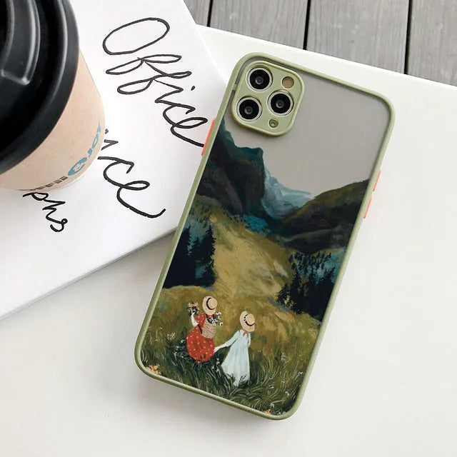 Vintage cartoon scenery girl phone case displayed on iPhone showing Japanese and South Korean inspired print