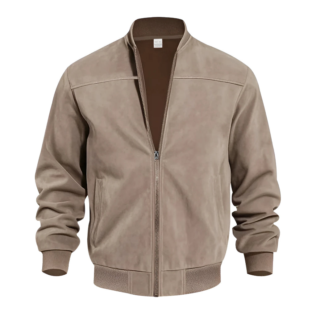 Man wearing a plus size Army Green suede zip-up casual jacket.