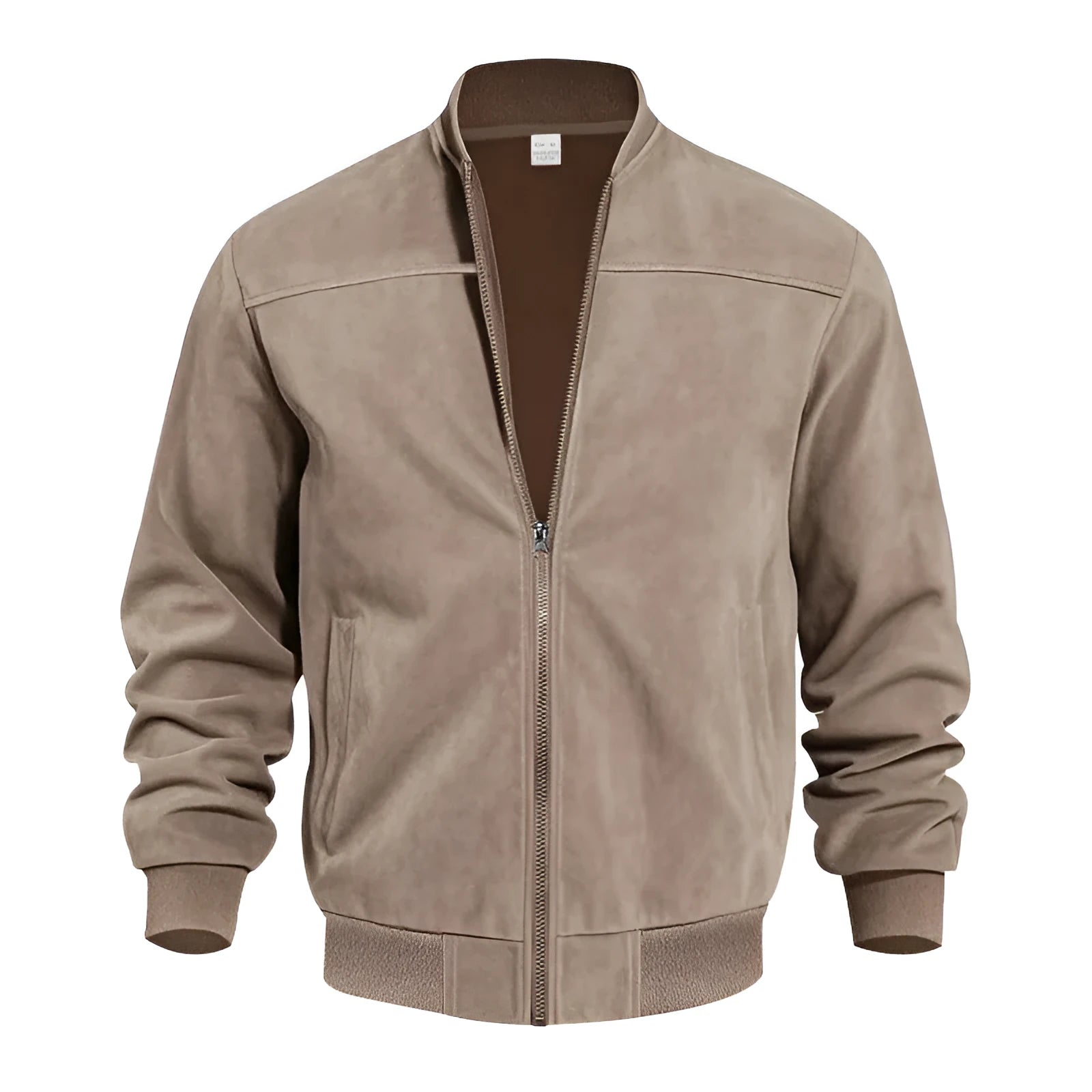 Man wearing a plus size Army Green suede zip-up casual jacket.