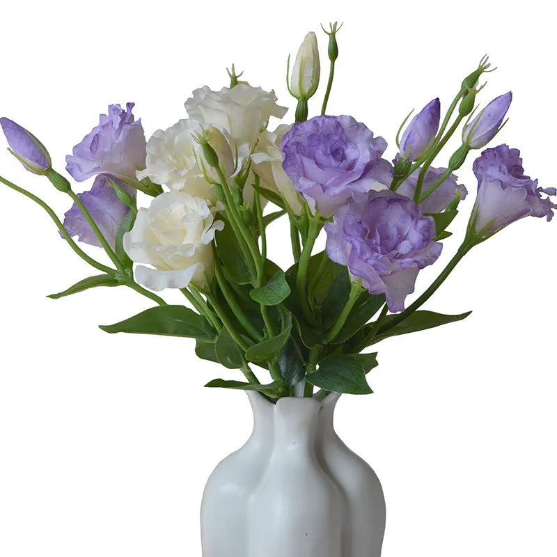 Artificial silk eustoma flower with 3 heads in beige colour, 22cm total length, on white background