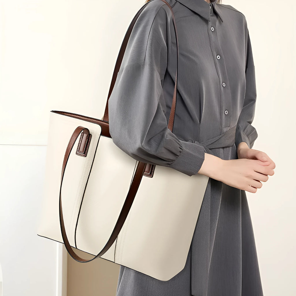 Women's genuine leather commuter shoulder bag with multiple internal compartments in horizontal square shape