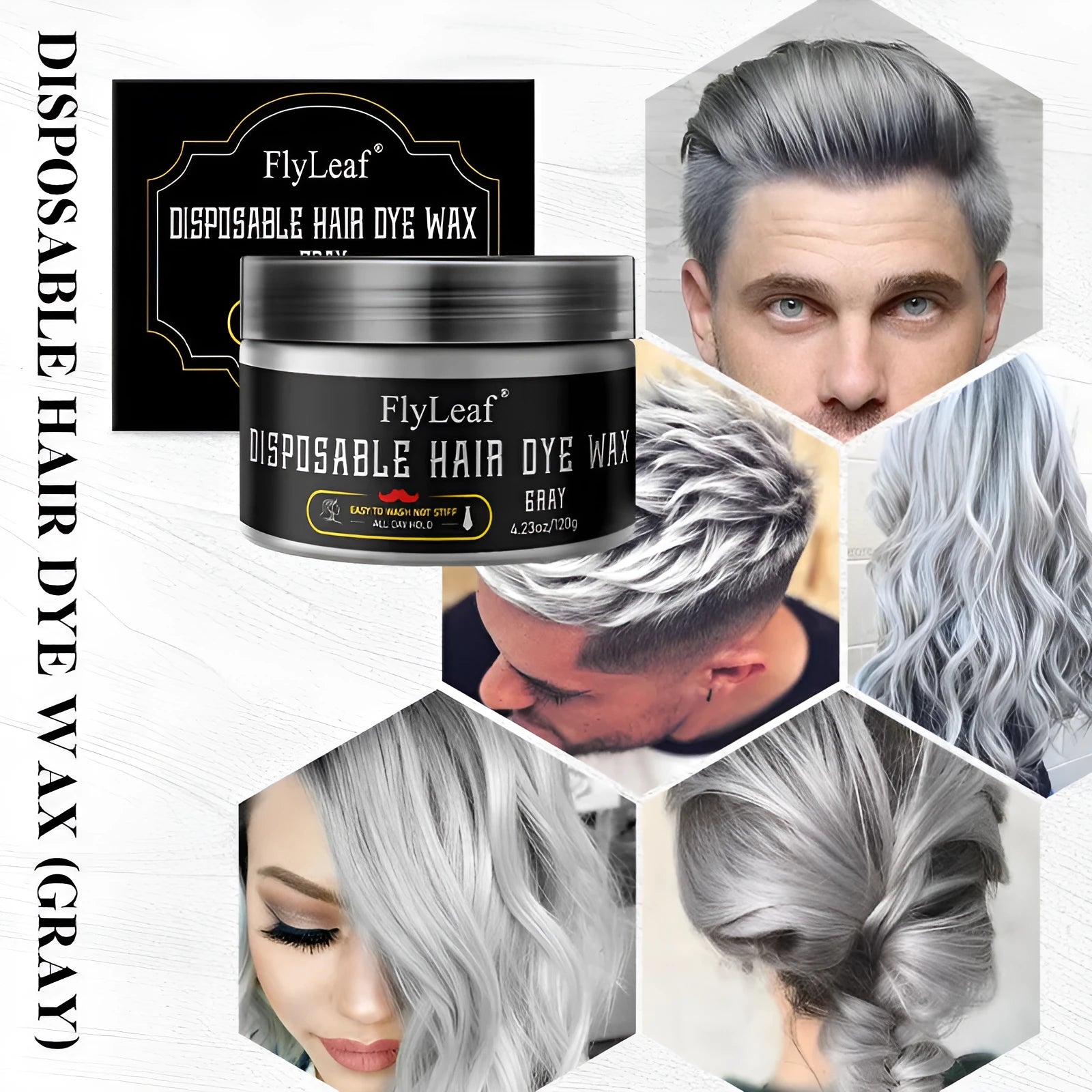 Gray disposable hair dye wax in 120g tub with cap and comb