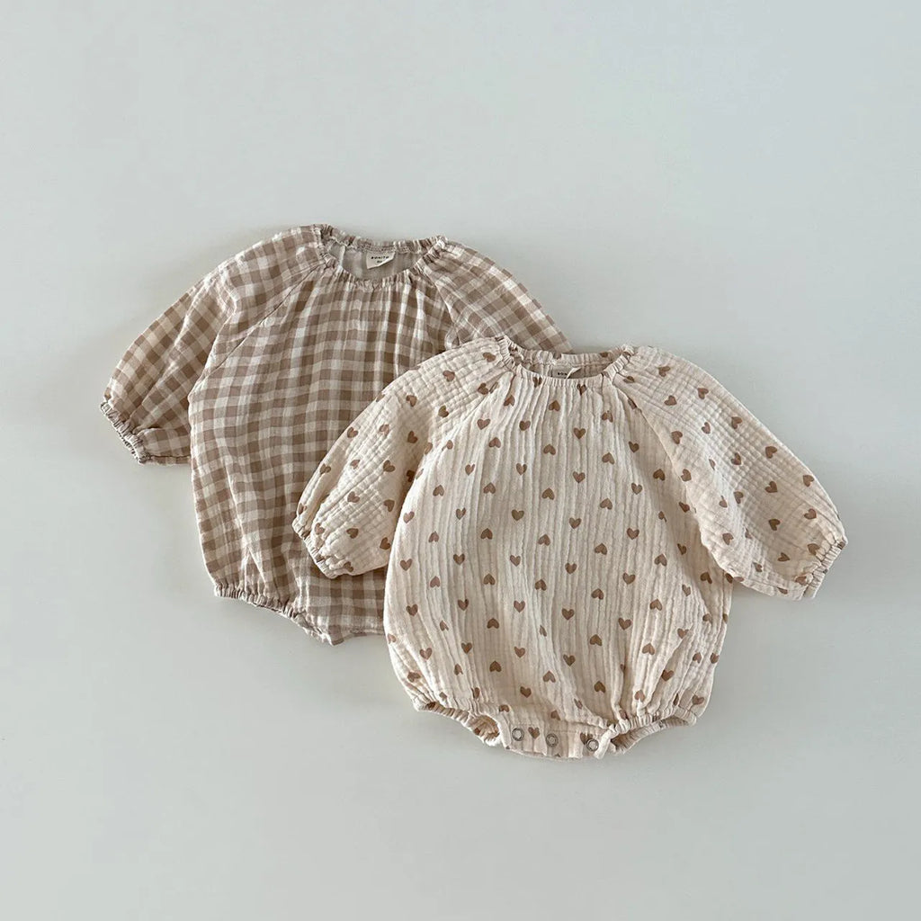 Cotton double-layer gauze casual romper for babies, pullover style, long sleeves, pink plaid pattern