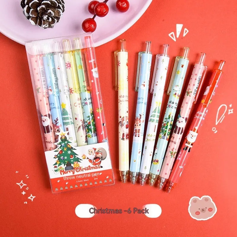 Six Christmas cartoon design plastic gel pens with press mechanisms and black refills