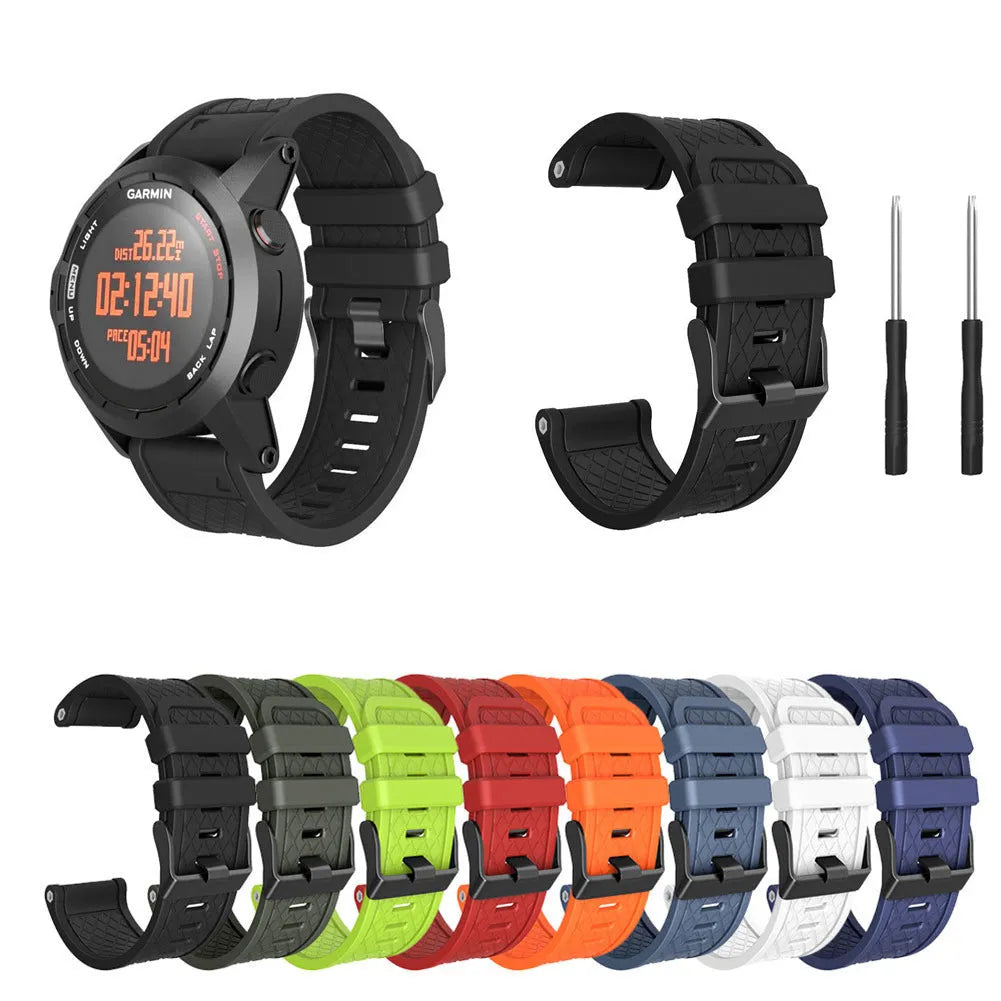 26mm wide black silicone watch strap with stainless steel buckle for Jiaming watches.