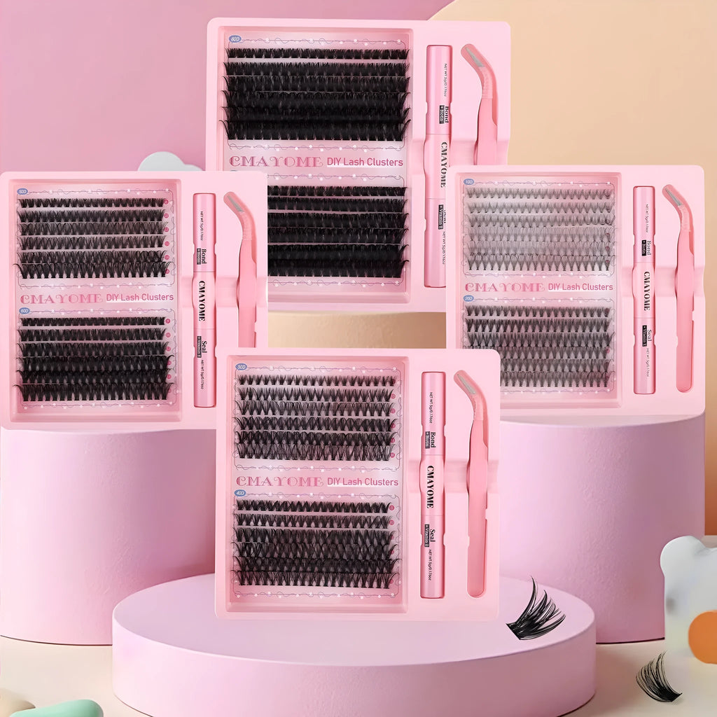 DIY single cluster false eyelashes set with artificial fibre lashes for natural thick mixed split-type looks