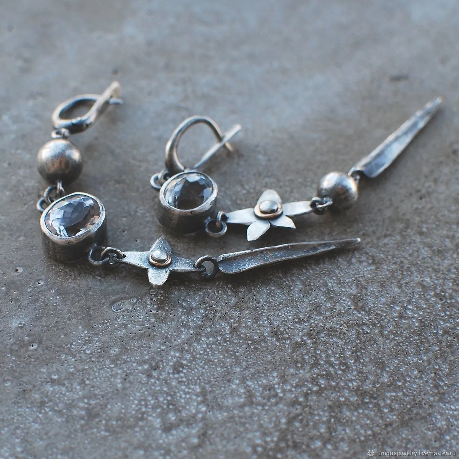 Geometric antique silver plated long pendant earrings with XINGX design and rhinestone detailing