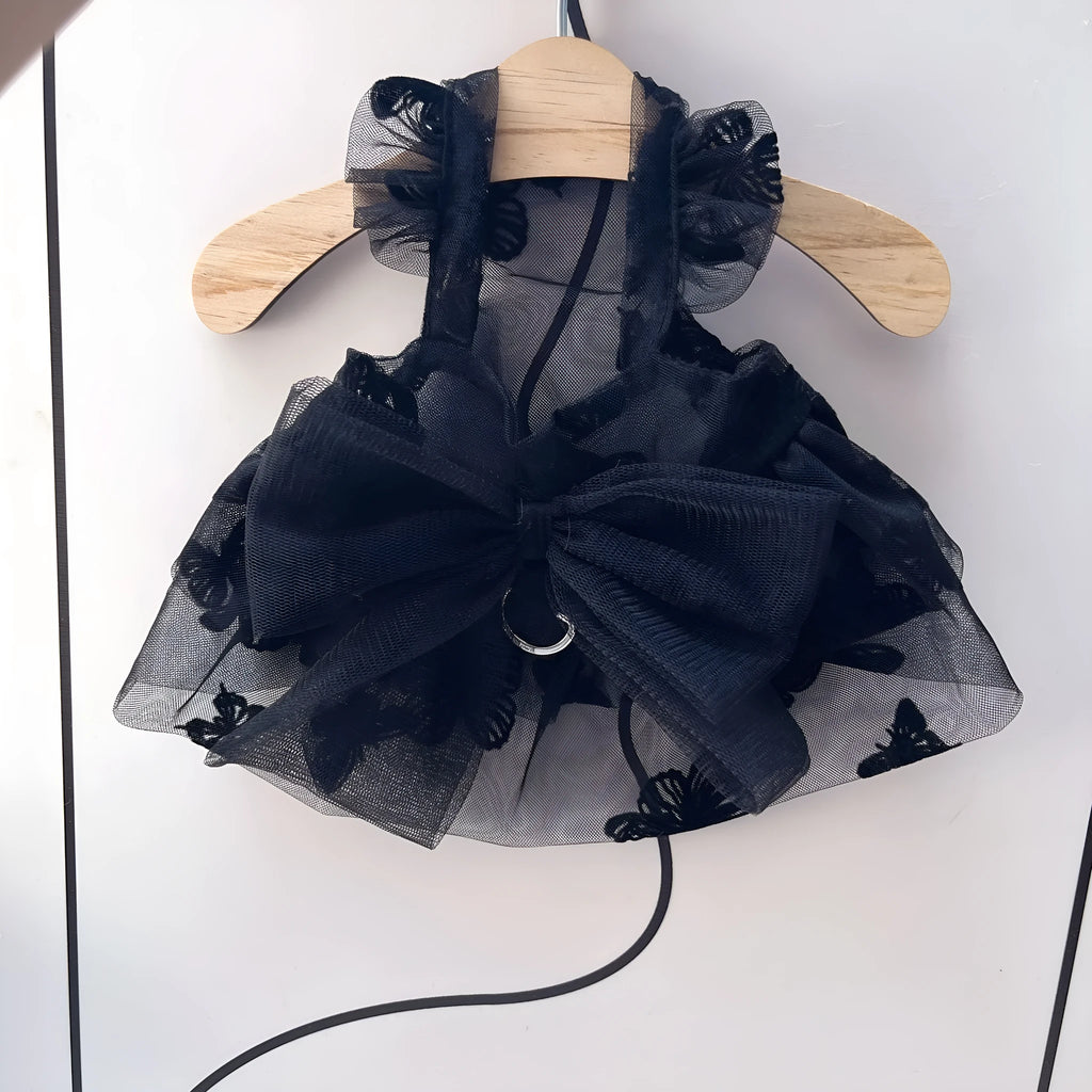 Black gauze princess tulle skirt for a small dog or cat on a mannequin.