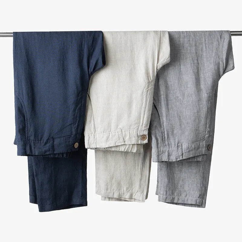 Linen men's casual pants in gray, straight leg, mid waist, for spring and summer