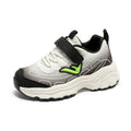 Children's striped casual trainers in black or purple with mesh upper and rubber sole.