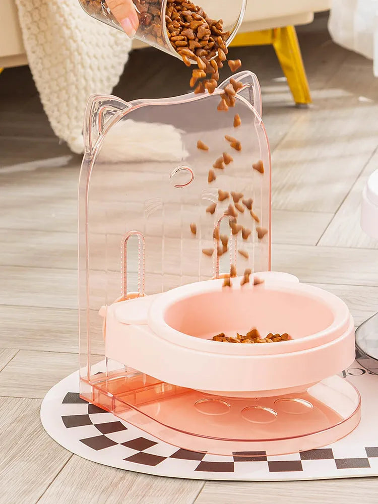 Grey pet bowl with removable hanging cage and adjustable height for feeding