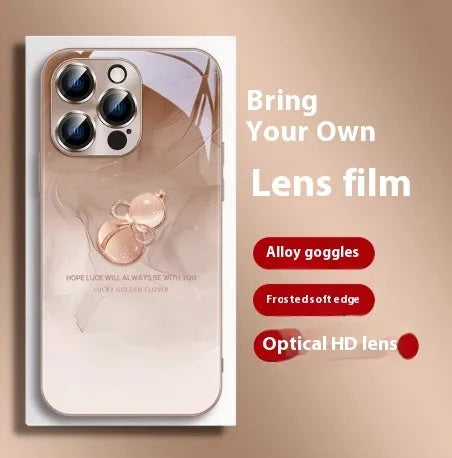 Tempered glass phone case with watercolour blooming gourd metallic paint lens design, compatible with iPhone 15 Pro Max