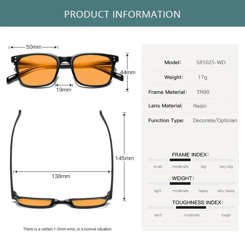 Orange tinted anti-blue light and UV protection glasses with a TR90 frame shown in one of the available colour options.