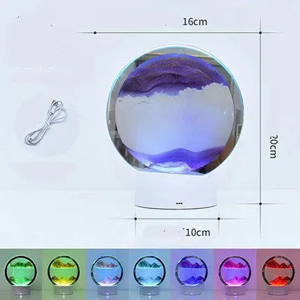 Creative 3D quicksand table lamp with glass shade and USB power cord on a nightstand.