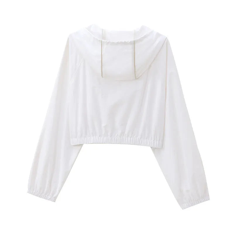 Women's hooded loose fit long sleeve sunscreen top in picture colour, polyester fabric, Asian sizes XS-L