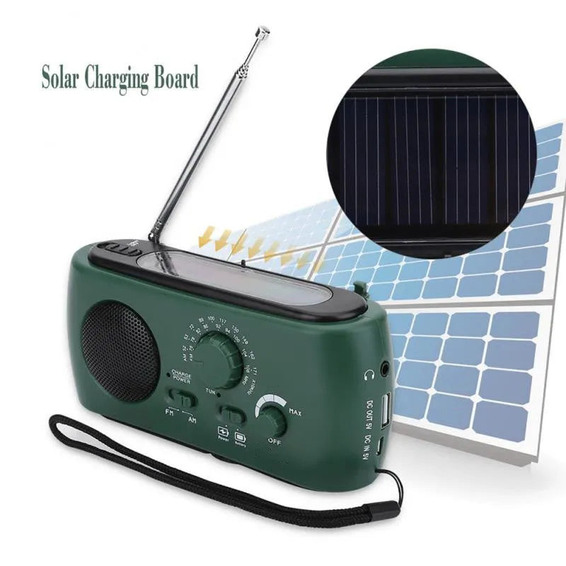 AM FM solar hand crank rechargeable radio with LED flashlight in white, measuring 15x7x4cm, for hiking and emergency use