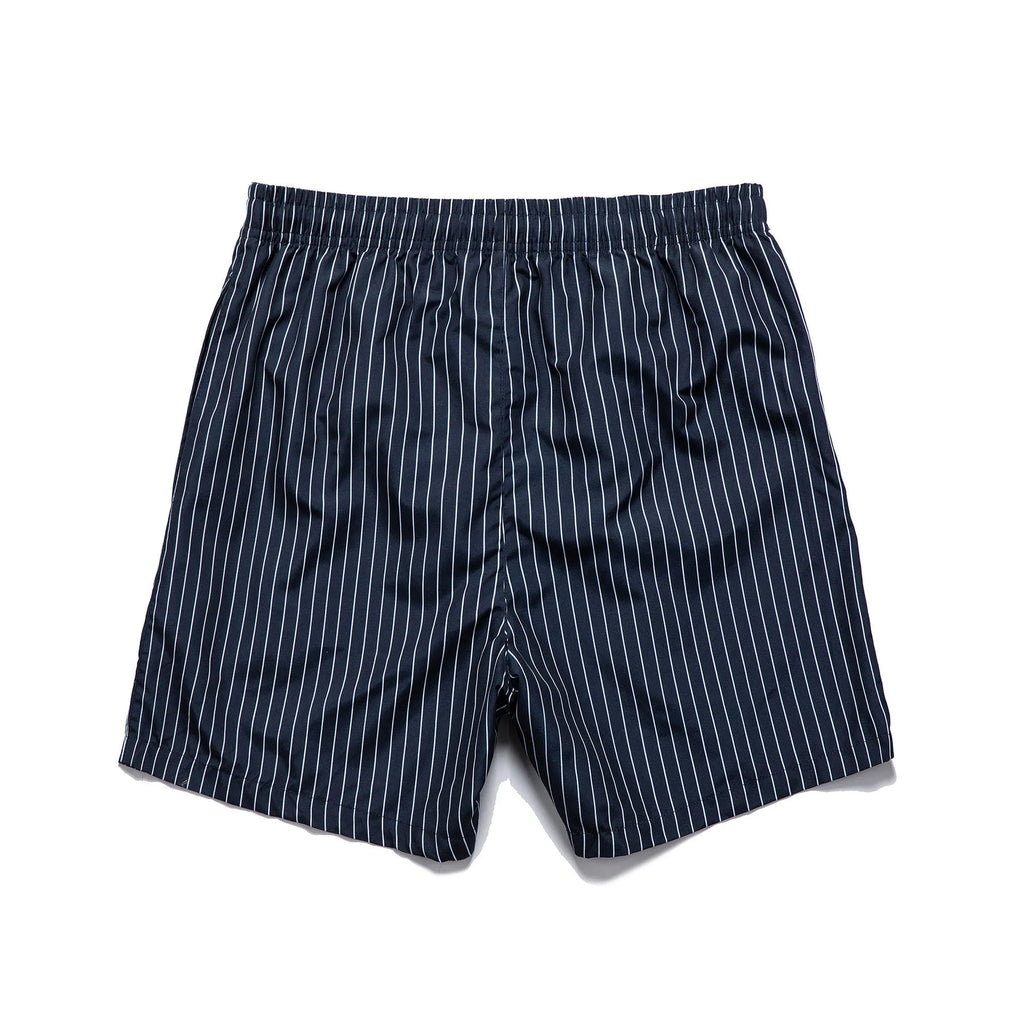 Polyester fibre striped beach shorts with straight leg openings and triangle lining in multiple colours