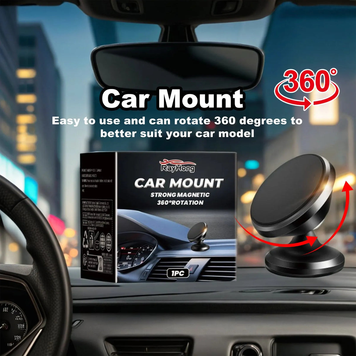 Magnetic car foldable phone holder in black ABS plastic, 3.2x3.5cm, shown on a dashboard