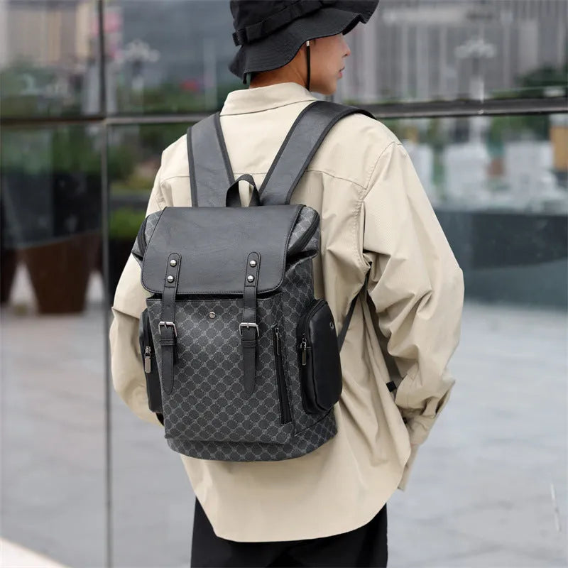 Men's PU leather plaid backpack in black, 45x15x30cm, with air pillow belt