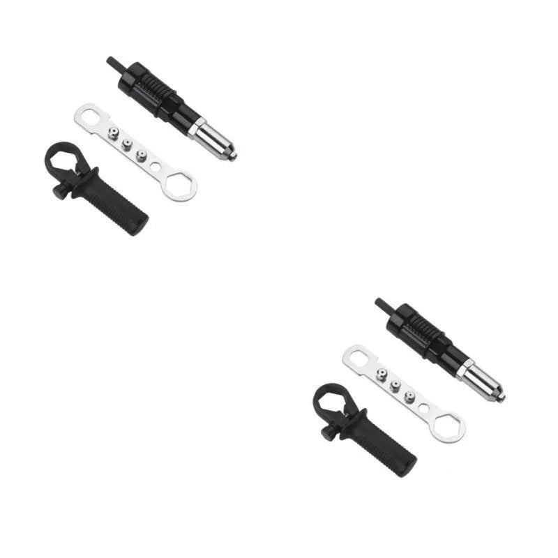 Black metal electric drill rivet gun conversion tool with handle and wrench.