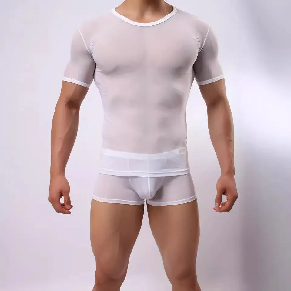 Men's slim fit transparent mesh t-shirt in solid colours on a hanger
