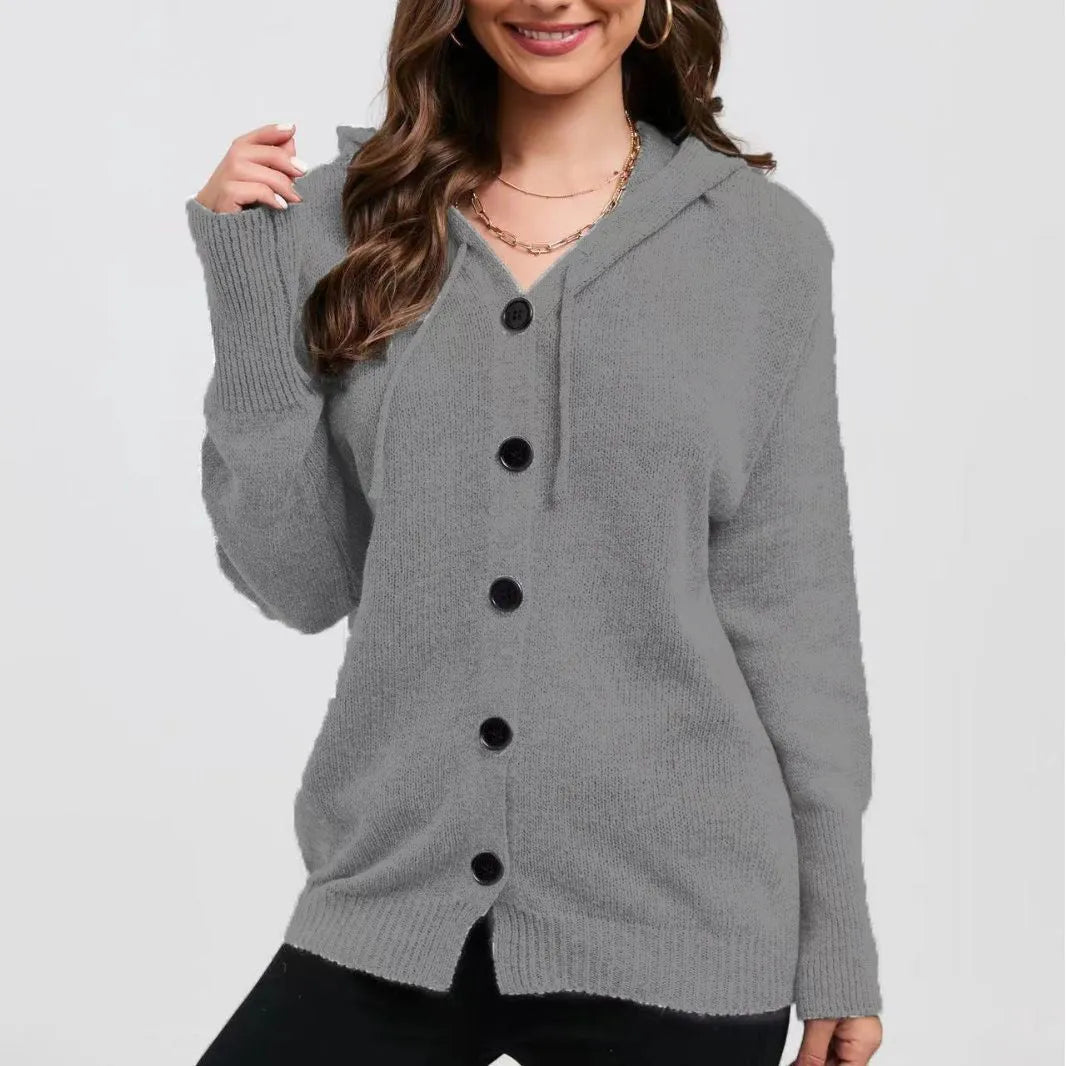 Women's loose fit hooded cardigan in coloured cotton, shown in army green.