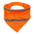 Yellow and orange reflective triangular dog bandana with adhesive strap on a dog's neck.