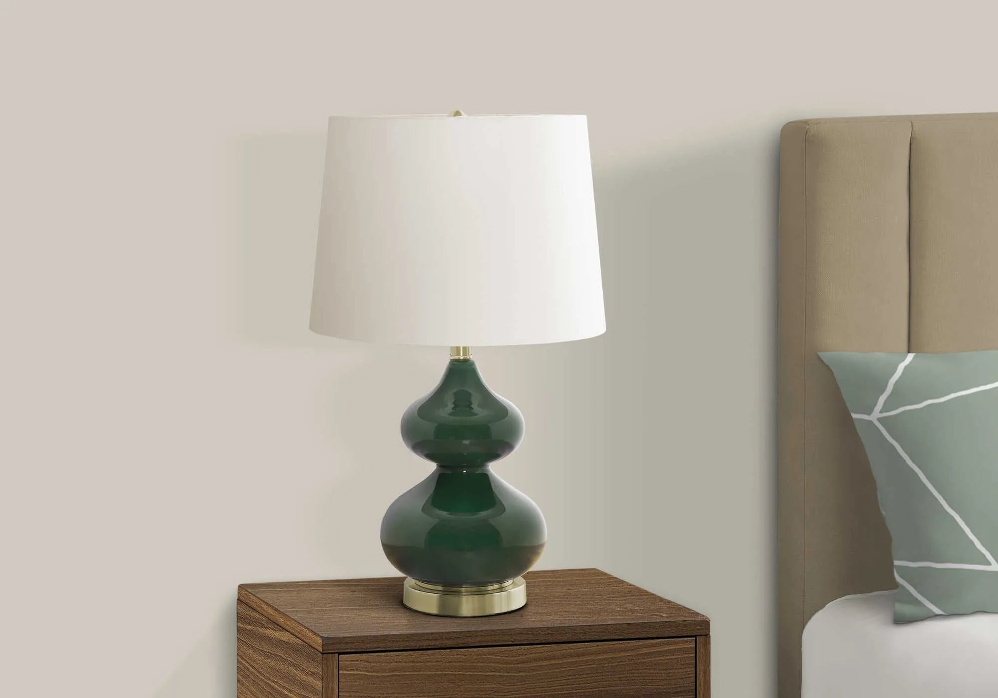 Blue crystal glass desk lamp with white fabric shade for a child's bedroom.