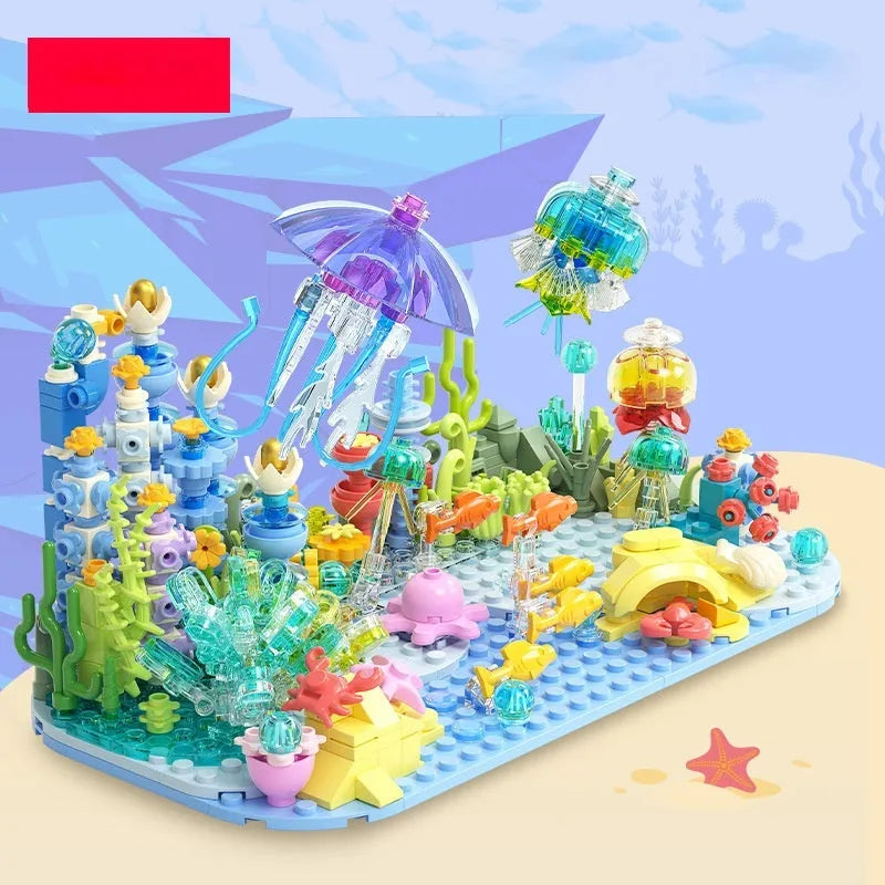 Blue plastic building blocks submarine model assembled on a white background, suitable for girls aged 7-14