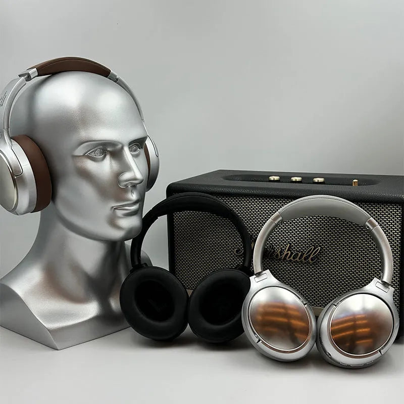 Retro-style brown wireless Bluetooth headset with metal details and sport headband design.