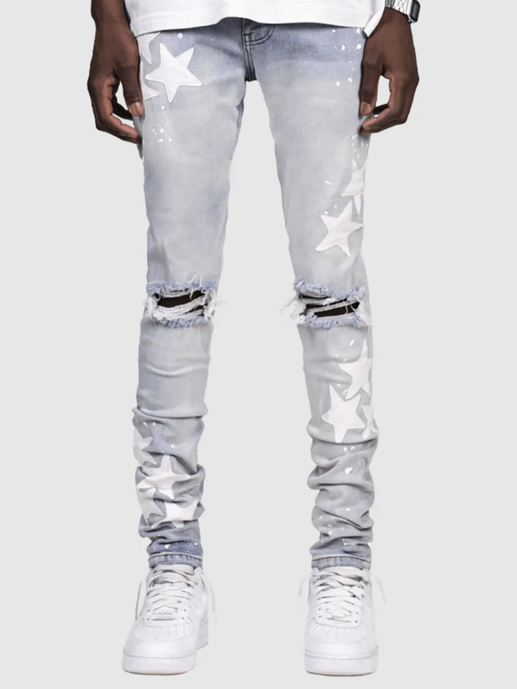 Men's slim stretch jeans with embroidery detailing in grey, blue, and light blue colour options