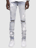 Men's slim stretch jeans with embroidery detailing in grey, blue, and light blue colour options