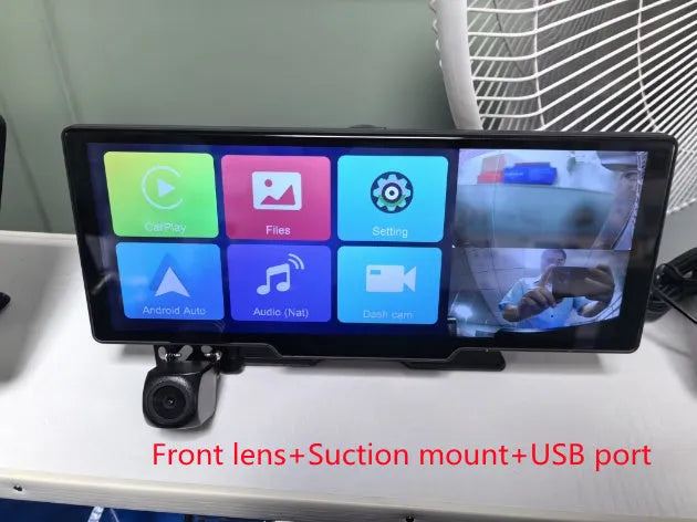 Black 10.26-inch car navigation device with suction mount showing split screen display of map and camera footage