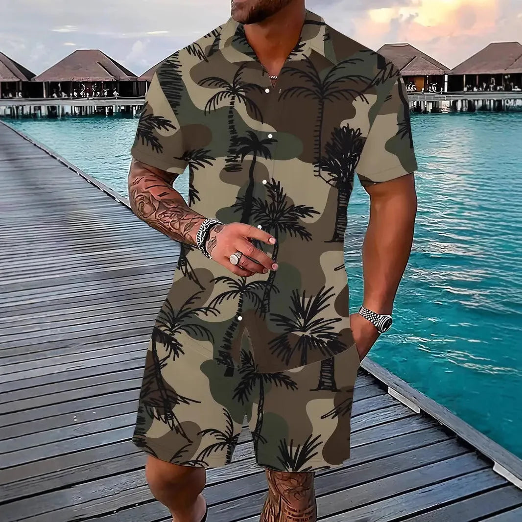 Man wearing a blue Hawaii-themed 3D printed short sleeve shirt and matching shorts.