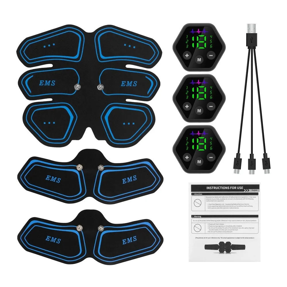 EMS abdominal muscle patch with digital display, 25cm x 19cm x 3.5cm, red black and blue, USB powered