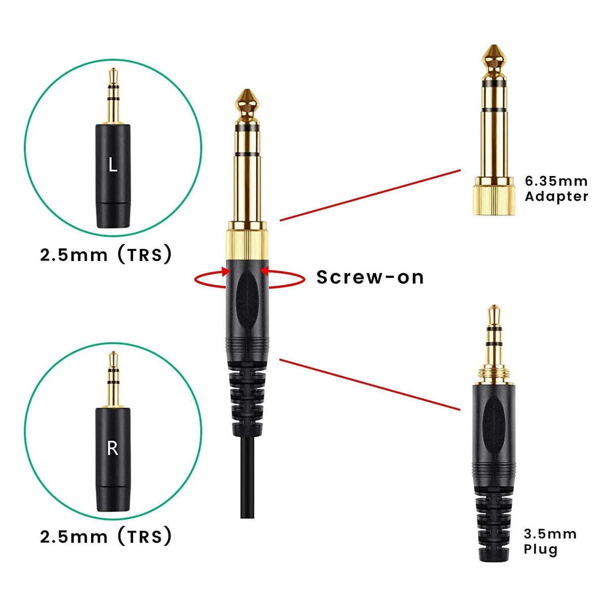 Black 1.8m replacement headset cable for HE400i HE560 with double 25mm plugs and spring relief