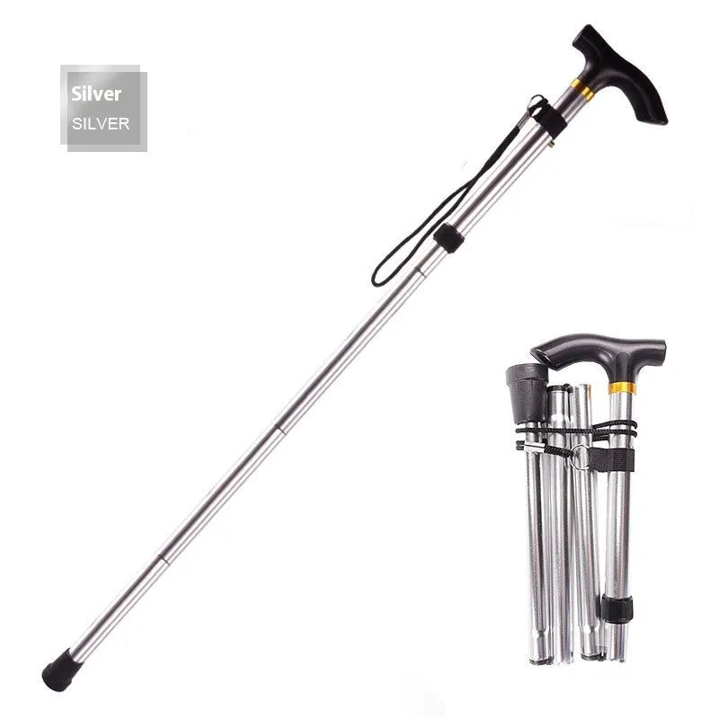 Aluminium alloy folding walking stick extended to show adjustable height and non-slip tip.