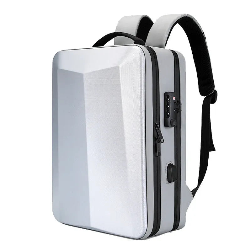 Black and silver white waterproof business backpack with Oxford cloth texture and curved shoulder straps.